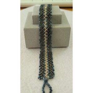 Peyote Stitch Seed Bead Bracelet Geometric Gunmetal Gold Woven Cuff 7in 6g